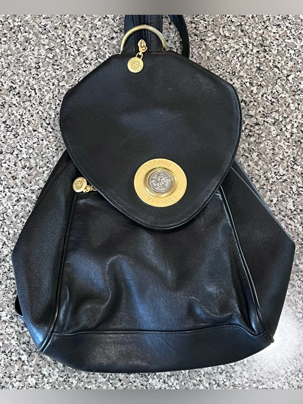 Vintage Gianni Versace Black Leather Backpack Purse 90’s